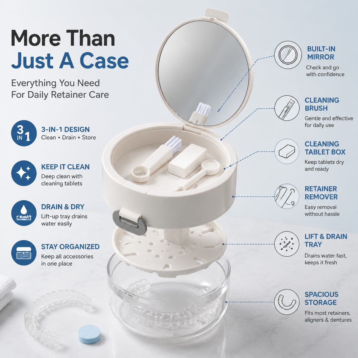 3-in-1 Travel Retainer Cleaner Case with Mirror & Drain Tray