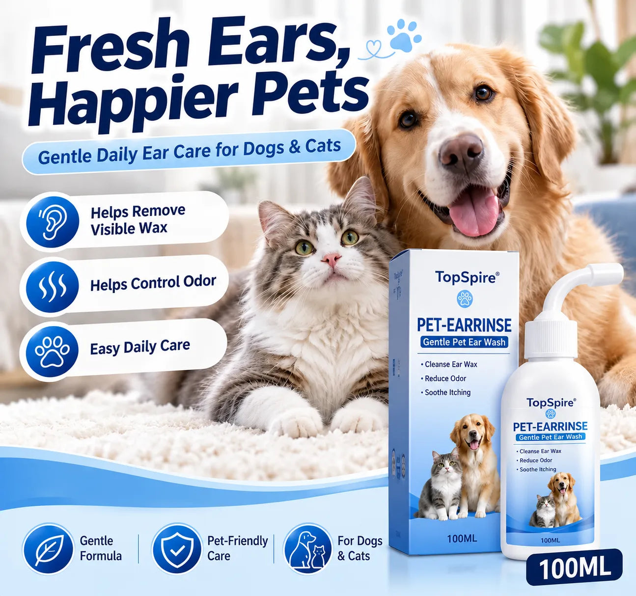 Gentle Pet Ear Wash | Odor-Free Cleaning for Dogs & Cats